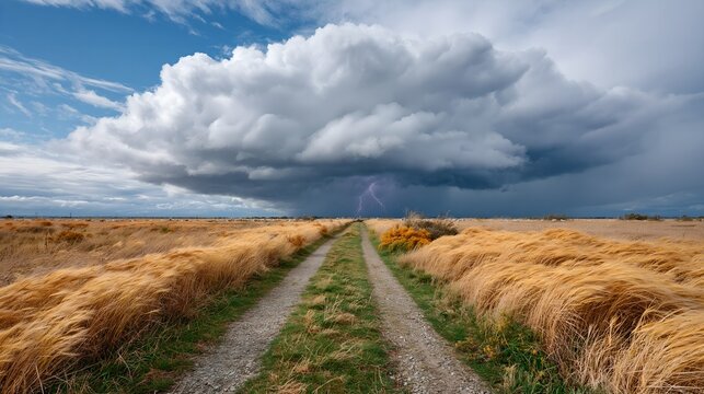 Windy field path leads toward stormy sky.