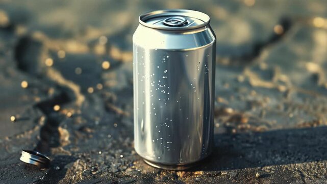 A single aluminum soda can resting on a wet ground surface. The can has bubbles adhering to it from carbonation.