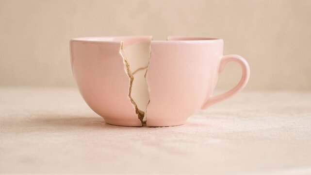 Pink ceramic mug broken and repaired with gold kintsugi technique. A delicate pink mug, fractured and meticulously mended with the Japanese art of kintsugi