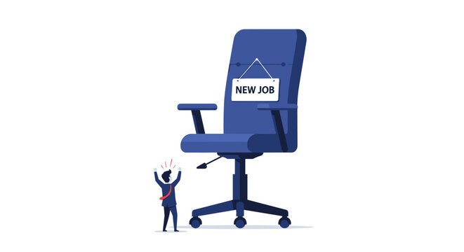 A tiny businessman stands in awe looking up at a massive oversized blue office chair featuring a hanging sign that reads New Job in a studio.