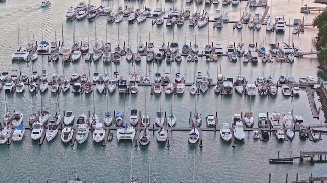 Aerial view of yachts and boats moored at Mooloolaba Marina, Sunshine Coast Queensland