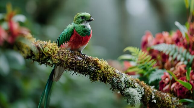 Mossy branch holds a colorful bird.