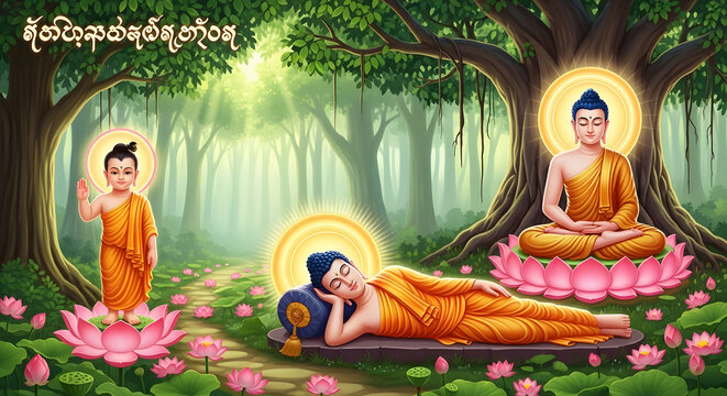 Buddha life illustration. Birth enlightenment parinirvana scenes forest setting. Vesak Buddhist celebration concept. Traditional colorful vector artwork