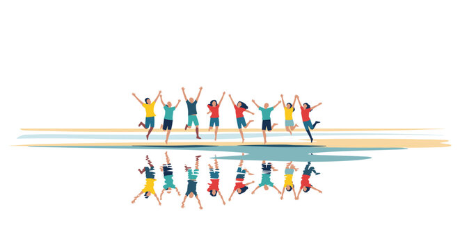 A diverse group of stylized colorful cartoon characters jumping together with clear reflections visible in a shallow pool of water against a white background.