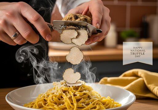 Hands of a chef shaving white truffle slices over a steaming plate of pasta with grated cheese, close-up view of fresh ingredients and steam rising in a professional kitchen.