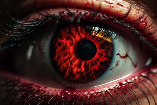 Macro view showing human eye with red iris, pupil, and blood on lashes