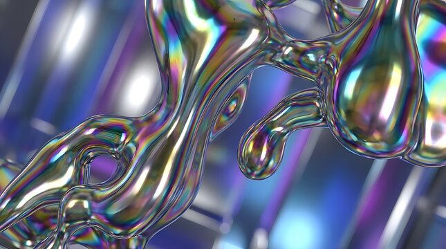 Abstract background of liquid metal with iridescent colorful reflections and wavy shapes.