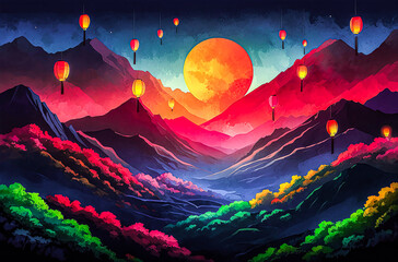 Obraz premium Vector art illustration of a fantasy mountain landscape with clouds and stars under a night sky for a holiday celebration card design 
