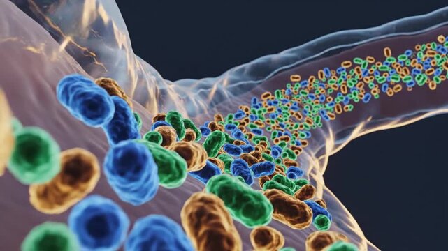 Probiotic therapy depicted by transparent body gut microbiome immune defense army visualization abstract loop with copy space