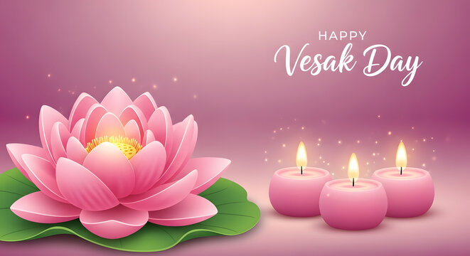 Vesak Day celebration background design. Buddha Purnima lotus flower with candles. peaceful spiritual festival banner illustration. vector illustration
