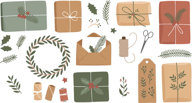 Holiday gift wrapping flat lay illustration featuring wrapped presents wreath scissors foliage berries and festive crafting elements composition