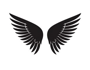 Fototapeta premium Symmetrical black wings, feather-like structures spread outwards against a white background, creating a sense of flight