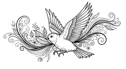 Obraz premium Elegant bird in flight amidst floral embellishments monochrome illustration
