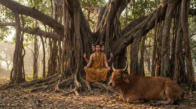 Dattatreya seated beneath banyan tree, spiritual Hindu deity illustration with sacred cow, symbolizing eternal life, wisdom, peace, and non-violence