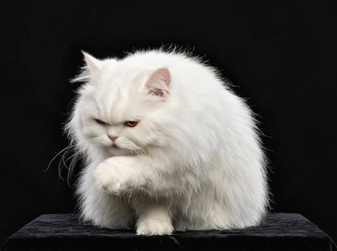 White Persian cat with orange eyes sitting on black background, fluffy long hair purebred feline portrait