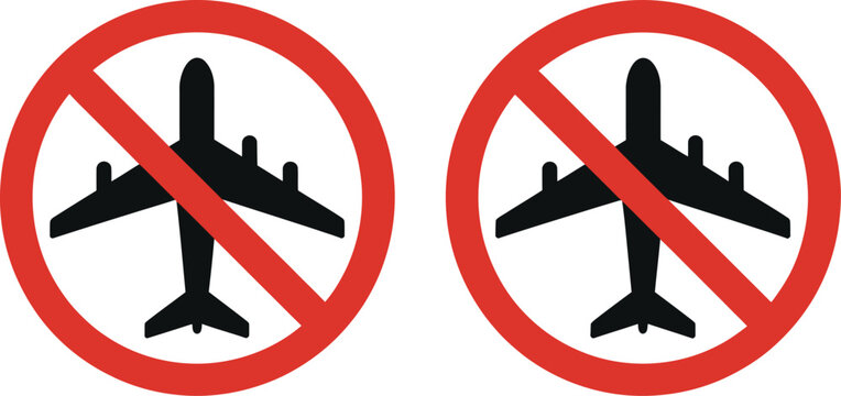 No Flying Zone Signs with Airplane Symbols, Prohibition and Restricted Airspace Icons, Aviation Safety Warning Concept, Modern Flat Vector Illustration for Transport and Security Design