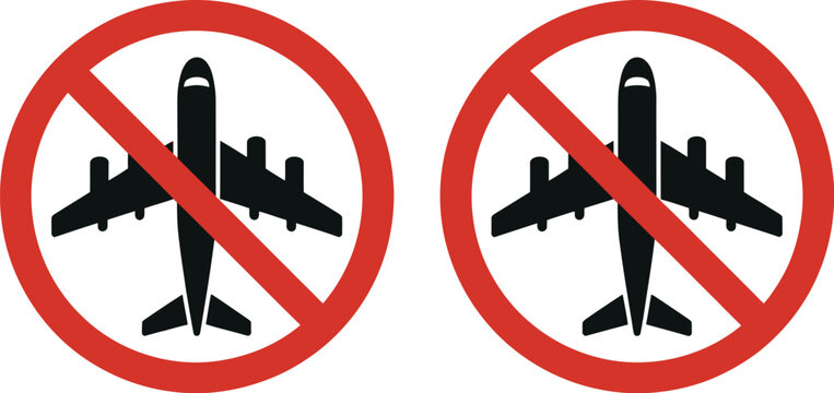 No Flying Zone Signs with Airplane Symbols, Prohibition and Restricted Airspace Icons, Aviation Safety Warning Concept, Modern Flat Vector Illustration for Transport and Security Design