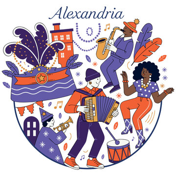 Alexandria Mardi Gras Festival Illustration with Jazz Musicians, Dancers, and Carnival Decorations - Festive Louisiana Street Parade Celebration Vector