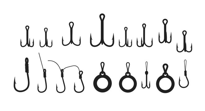 A comprehensive set of black silhouette fishing hook designs featuring various treble and single hook configurations arranged on a plain white background surface.