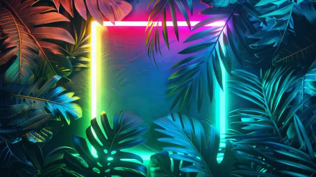 A vibrant neon cube amidst lush green foliage at night.