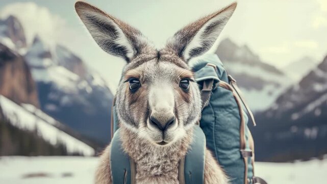The shows a kangaroo standing on a snowy surface with backpacks and mountains in the background. The kangaroo appears to be gazing at the viewer.