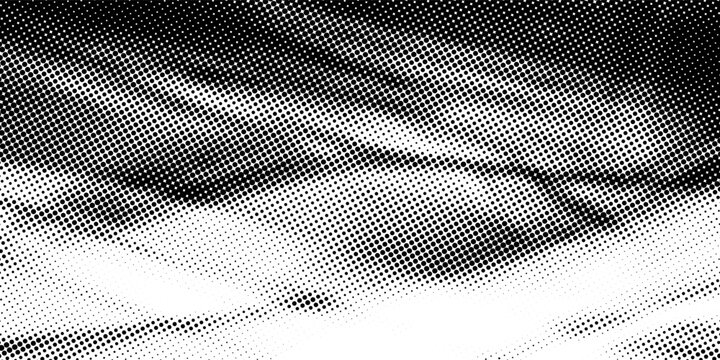 Dotted halftone texture background. Black and white pop art gradient overlay. Fading grunge gritty noise wallpaper. Weathered pixelated comic backdrop. Vector bitmap subtle vanishing surface