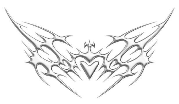 Chrome neo tribal tattoo. Succubus womb sigils and sharp cyber sigilism elements in liquid silver Y2K style