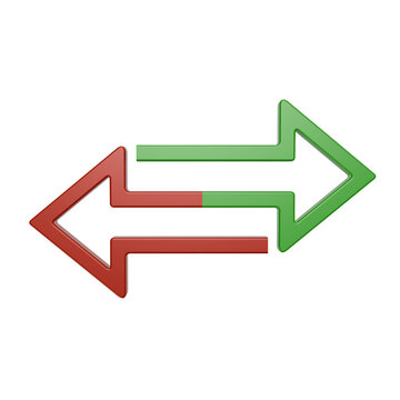 ​3D render green and red arrows pointing in opposite directions, representing financial profit and loss, stock market trends, or business growth and decline