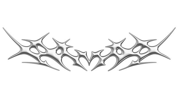Chrome neo tribal tattoo. Succubus womb sigils and sharp cyber sigilism elements in liquid silver Y2K style