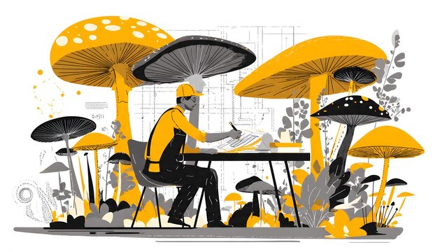 Professional Architect Drawing in Vibrant Mushroom Forest