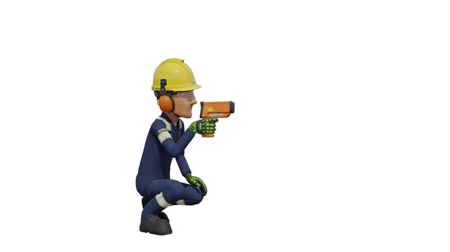 A mechanical worker is measuring temperature with a pyrometer on transparent background