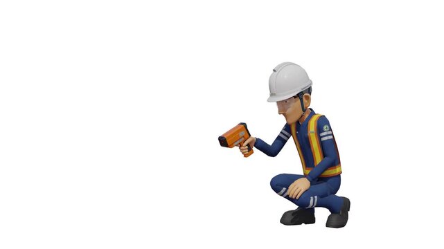 A construction worker is measuring temperature with a pyrometer on transparent background