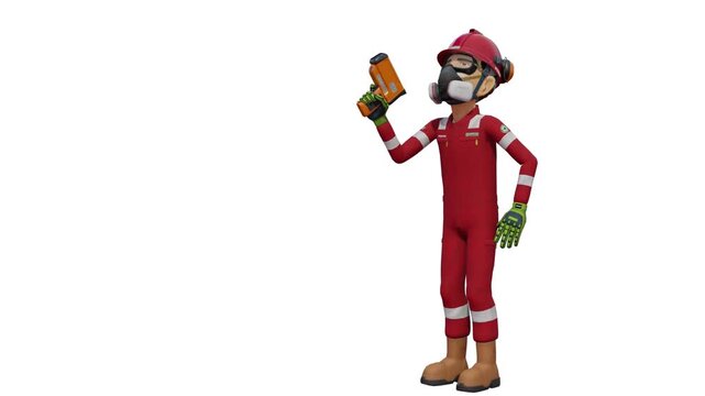 A offshore worker is measuring temperature with a pyrometer on transparent background