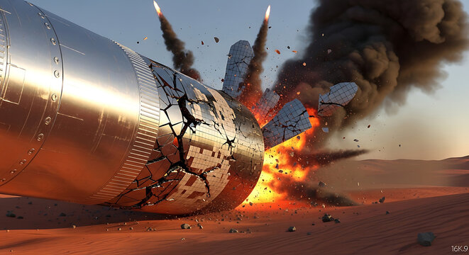 rocket crash ignites a massive spacecraft explosion in a vast desert landscape at sunset depicting a catastrophic impact and technological failure