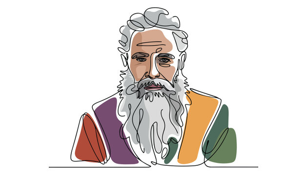 One continuous line illustration of an old bearded man , isolated on white background.