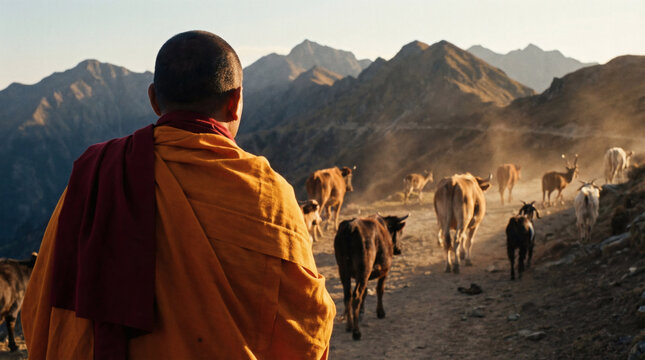 Spiritual monk walking with cows dogs mountain path golden light illustration background wallpaper design