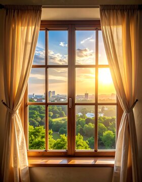 A serene cityscape view through a window at sunset