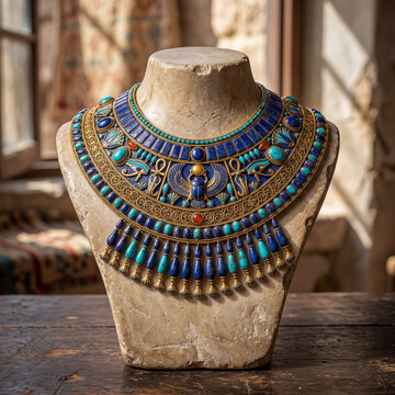 Ancient Egyptian Collar Necklace with Lapis Lazuli Turquoise and Scarab Design