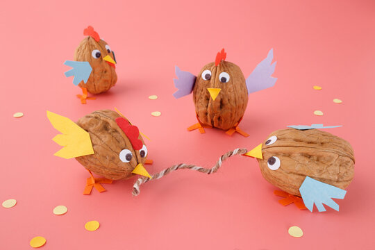 Autumn seasonal crafts walnut birds chickens easter decoration thanksgiving table decor kids holiday activity handmade ornaments nature inspired creative tinkering project,