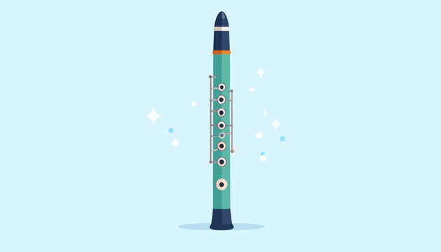 A close-up illustration of a green clarinet with silver keys and accents, set against a light blue background with subtle sparkling highlights, perfect for music-related designs and presentations