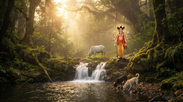 Dattatreya in forest stream sunlight nature harmony spiritual illustration background wallpaper designdattatreya, forest stream, flowing water, lush greenery, sunlight rays, nature harmony, sacred ani