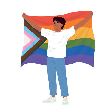 Man holding a flag of progress. International day against homophobia, transphobia and biphobia vector. Pride Month concept