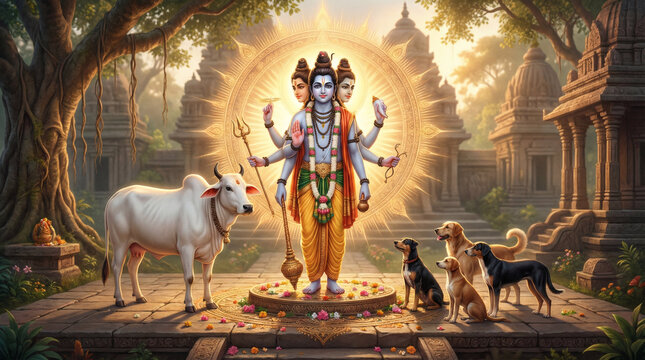Shri Dattatreya classical illustration in sacred grove, Kamadhenu cow and four dogs, holding trishul chakra shankha kamandalu, Hindu spiritual artwork