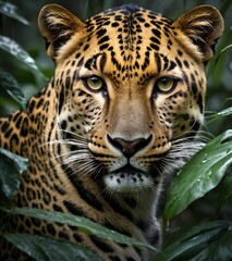 Fototapeta premium Realistic cinematic portrait of a majestic tiger camouflaged behind lush green jungle leaves, intense gaze, stalking in a dense tropical forest, high detail.