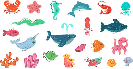 Large collection of cute sea animals and marine life in hand drawn crayon texture. Big bundle includes a narwhal, whale, shark, dolphin, octopus, crab and various reef elements. Perfect for nursery de © vvvisual