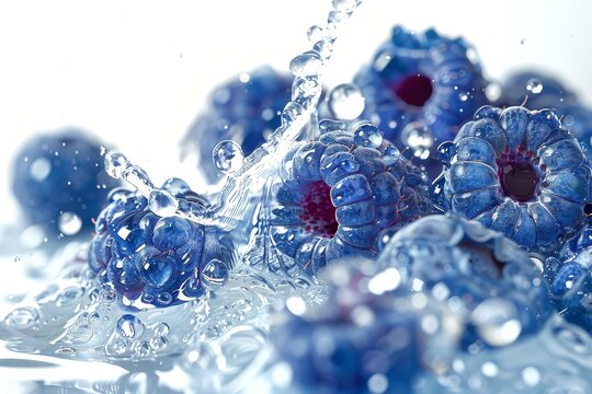 Fresh blue raspberries with water splashes on white background