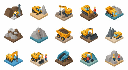 Isometric set of construction and mining equipment with workers and different terrains. © erviana