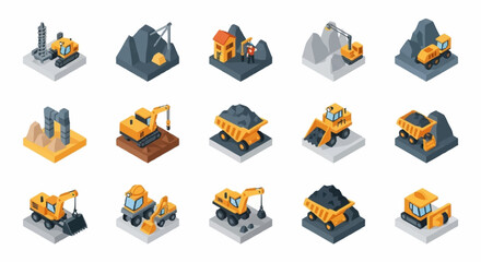 Isometric icons representing various mining equipment and operations, including excavators, dump trucks, and mining sites. © erviana