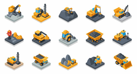 Collection of isometric construction and mining vehicles and equipment on a gray background. © erviana