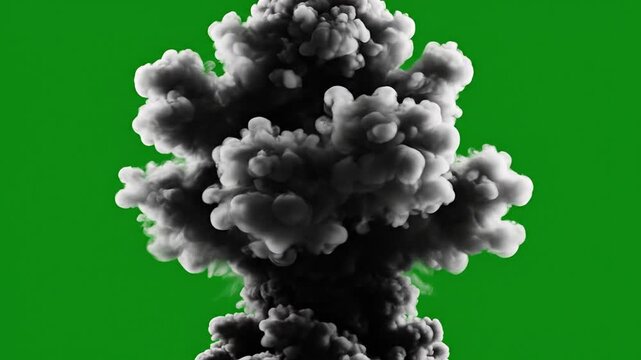 A massive mushroom cloud of smoke rises into the air against a solid green background in this dramatic video